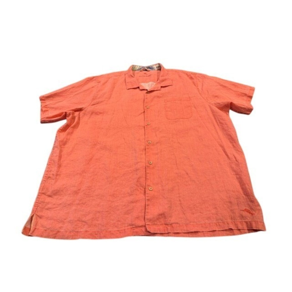 Tommy Bahama Mens 3XLT Coral Orange Linen Short Sleeve Button Down Shirt EUC‎